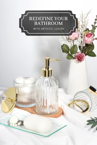Kukikan Designer Clear Glass Bathroom Accessories Sets - 4 Pcs with Lotion Soap Dispenser, Bathroom Toothbrush Holder, Vanity Tray, and Apothecary Jar, Vintage Bathroom Decor, Gift Countertop Organizer - Image 4