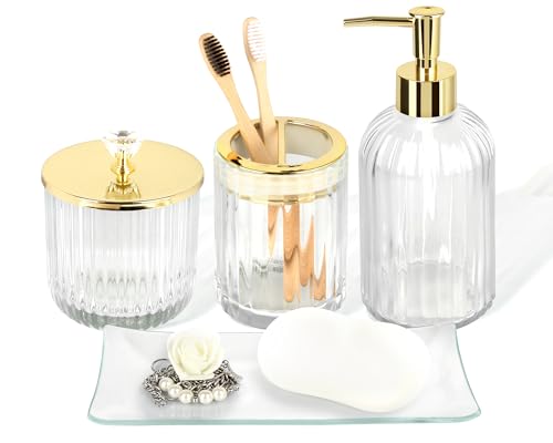 Kukikan Designer Clear Glass Bathroom Accessories Sets - 4 Pcs with Lotion Soap Dispenser, Bathroom Toothbrush Holder, Vanity Tray, and Apothecary Jar, Vintage Bathroom Decor, Gift Countertop Organizer - Image 1