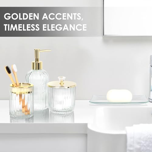 Kukikan Designer Clear Glass Bathroom Accessories Sets - 4 Pcs with Lotion Soap Dispenser, Bathroom Toothbrush Holder, Vanity Tray, and Apothecary Jar, Vintage Bathroom Decor, Gift Countertop Organizer - Image 3