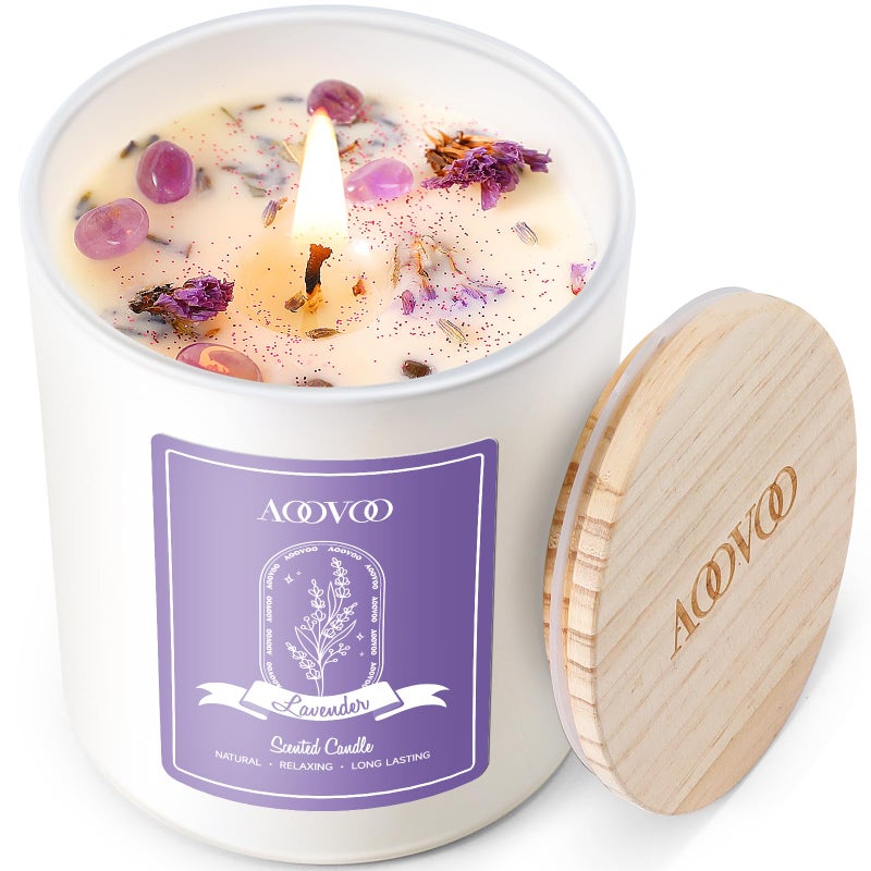 AOOVOO Lavender Scented Candles for Women - Aromatherapy Candle with Crystals Inside, 10oz Soy Candles for Home Scented, Birthday Gifts Mothers Day Candle for Women Mom - Image 1