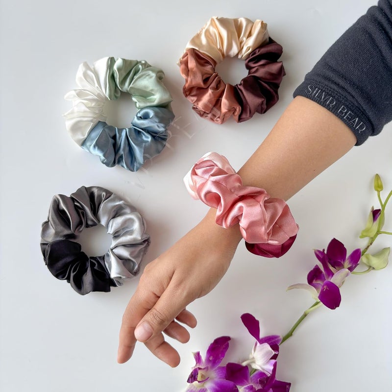 Silvr Bear Satin Scrunchies for Women - Triple Tone - Scrunchies Set - 4 pack - Best Gift - Image 2