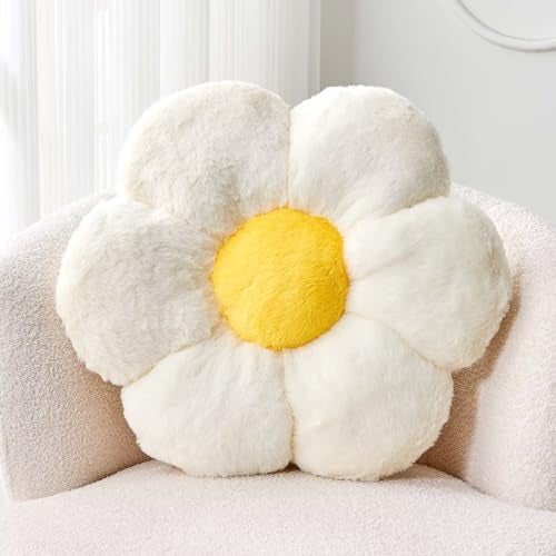 Kcvvcr White Flower Plush Throw Pillow Cute Decorative Flower Shaped with Faux Rabbit Fur 149 Soft Throw Pillow for Bedroom Living Room - Image 1