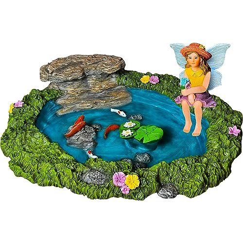 Mood Lab Fairy Garden - Miniature Fish Pond & Fairy Figurine Kit - 2 pcs Set of Garden Accessories - Outdoor or House Decor - Image 1