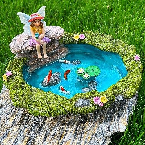 Mood Lab Fairy Garden - Miniature Fish Pond & Fairy Figurine Kit - 2 pcs Set of Garden Accessories - Outdoor or House Decor - Image 5