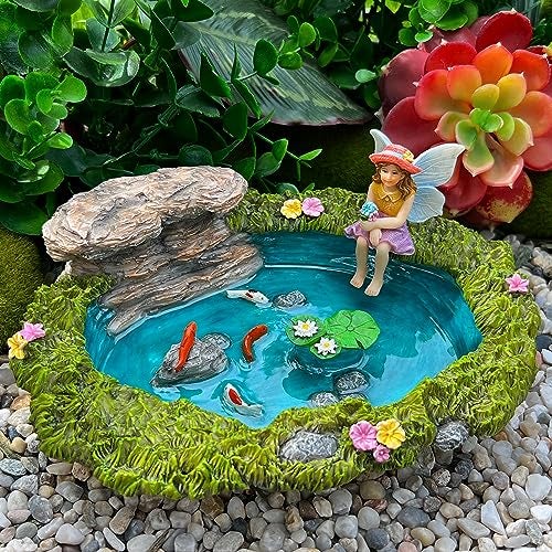Mood Lab Fairy Garden - Miniature Fish Pond & Fairy Figurine Kit - 2 pcs Set of Garden Accessories - Outdoor or House Decor - Image 2