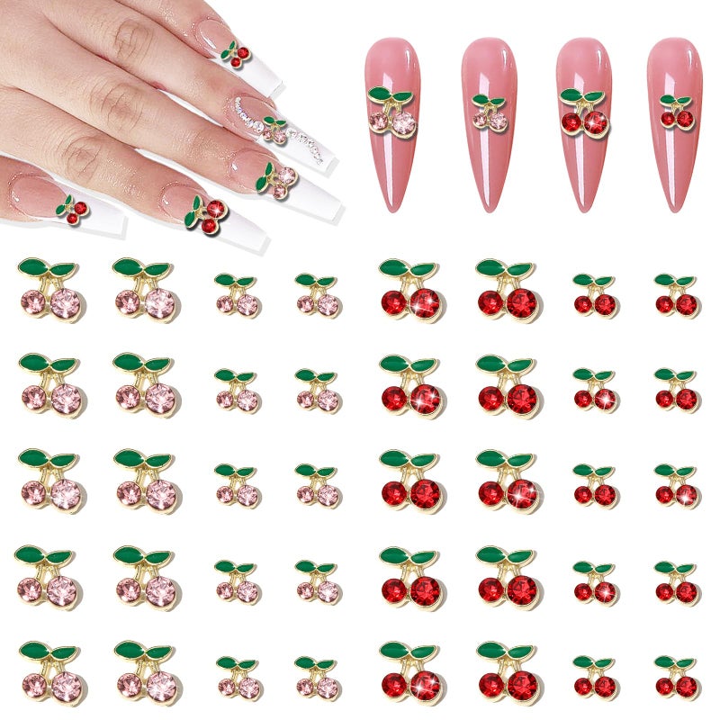 Wsimily 40Pcs Cherry Nail Charms, Wsimily 3D Cute Nail Art Charms Pink and Red Shiny Rhinestone Crystals Nail Accessories for Women Girls Nail Decorations DIY Craft Jewelry - Image 1