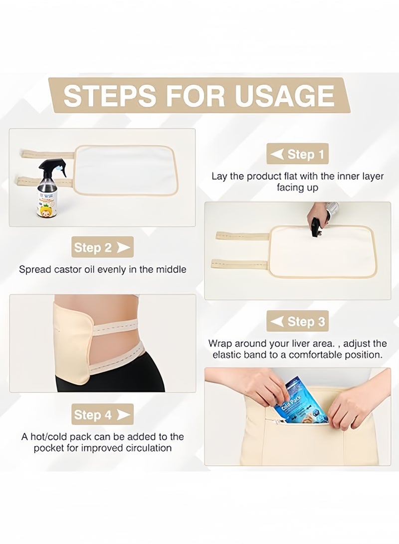 Adjustable Reusable Castor Oil Pack for Liver Detox – Organic Cotton Wrap with Elastic Strap, Zipper Pocket, and Anti-Leak TPU Layer – Machine Washable for Abdomen & Waist Therapy