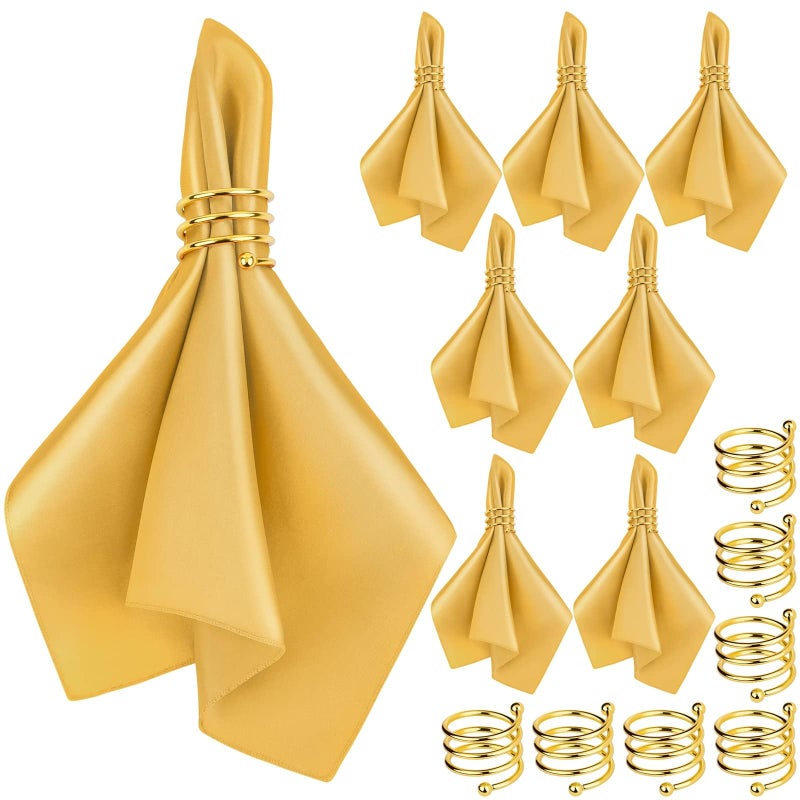 MCEAST MCEAST Satin Cloth Napkins and Napkin Rings Set of 8 Smooth Fabric Table Napkins and Napkin Holder for Wedding Birthday Dinner Party Family Gatherings Table Decor Gold 17 x 17 Inches