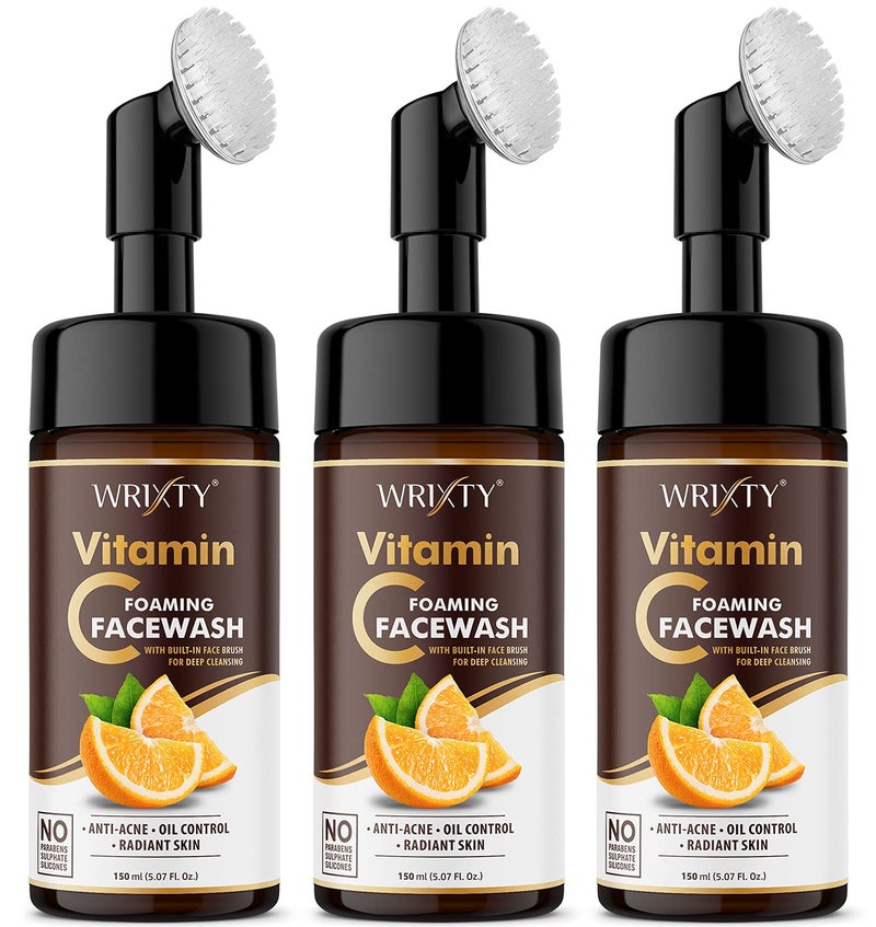 Wrixty Brightening Vitamin C Foaming Face Wash With Built-In Face Cleanser Brush � 450ml (150ml x Pack 3) | For Deep Cleansing, Bright Beauty Spot-less Glow | No Parabens, Sulphate, Silicones