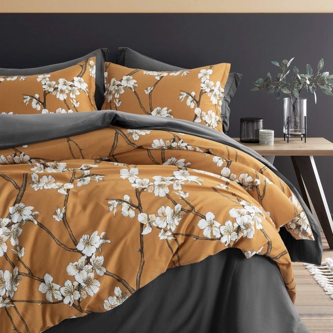 ALMOND TREE BLOSSOM FLORAL DUVET COVER CHINOISERIE CHIC STYLE BLOOMING TREES VINES AND BRANCHES LONG STAPLE COTTON 3PC BEDDING SET ASIAN GARDEN OCHER QUEEN