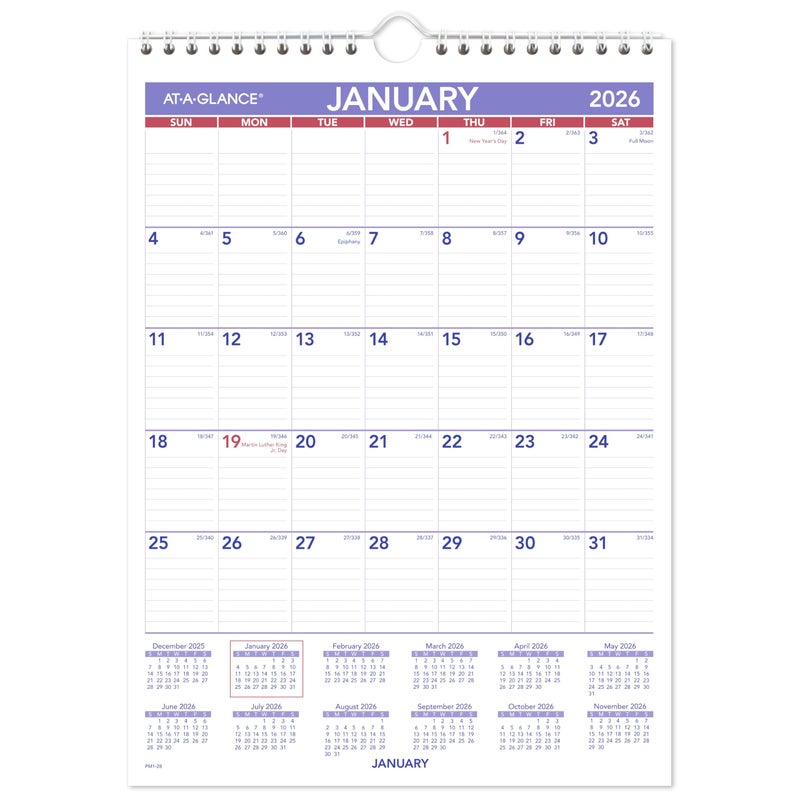 AT-A-GLANCE 2026 Wall Calendar, 8" x 11", Small, Ruled Blocks (PM12826) - Image 1