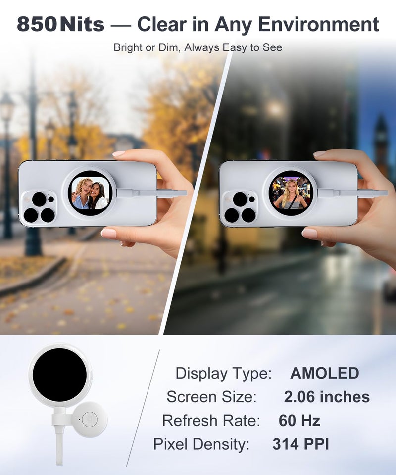 Fussion Selfie Monitor Screen for iPhone, Back Camera Preview with Remote, Plug and Play, No App Required, Magnetic Vlog Selfie Monitor Screen, 60FPS AMOLED Display for Live Stream TikTok YouTube - Off White - Image 5