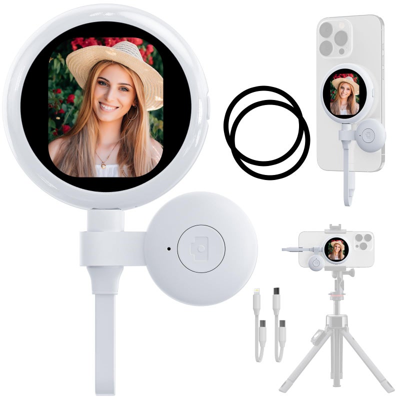 Fussion Selfie Monitor Screen for iPhone, Back Camera Preview with Remote, Plug and Play, No App Required, Magnetic Vlog Selfie Monitor Screen, 60FPS AMOLED Display for Live Stream TikTok YouTube - Off White - Image 1