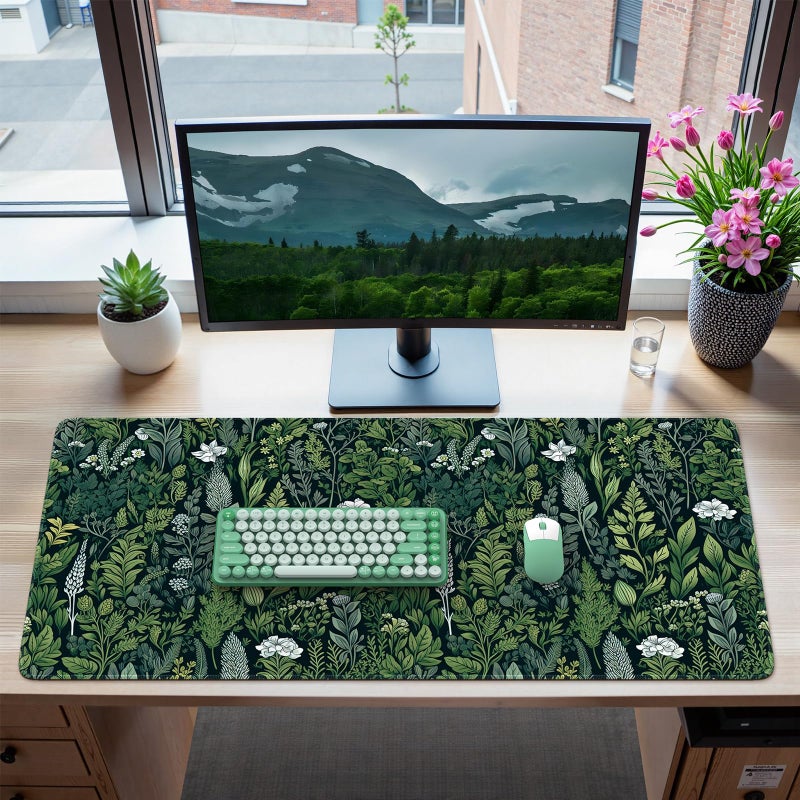 iCasso Desk Cover Mat, Extra Large Lotus Mouse Pad, Desk Pad Mat,Office Matt for Desktop Protector, Anti-Slip XXL Big Mousepad with Stitched Edges for Laptop Computer Keyboard(Green Lotus Leaf) - Image 1