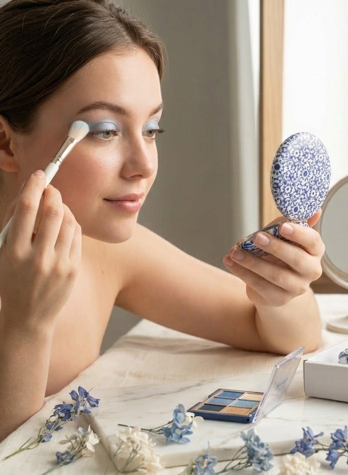 Elegant Vintage Blue Compact Mirror with Sparkle Crystals - Portable Round Makeup Mirror, 1x/2x Magnification - Perfect for Travel, Pocket, and Purse - Image 3