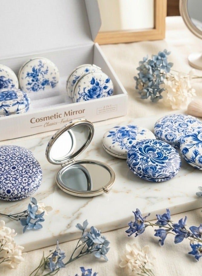 Elegant Vintage Blue Compact Mirror with Sparkle Crystals - Portable Round Makeup Mirror, 1x/2x Magnification - Perfect for Travel, Pocket, and Purse - Image 2