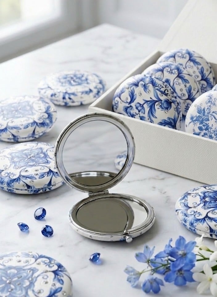Elegant Vintage Blue Compact Mirror with Sparkle Crystals - Portable Round Makeup Mirror, 1x/2x Magnification - Perfect for Travel, Pocket, and Purse - Image 1