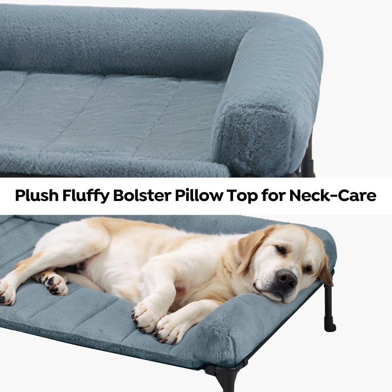 Veehoo Orthopedic Elevated Dog Bed with Fluffy Plush Bolster Cushion, Indoor Raised Dog Beds for Large Dogs, Soft Pet Sofa Cot with Removable Washable Mat, No-Slip Feet, 32 x 25 inches, Haze Blue - Image 2