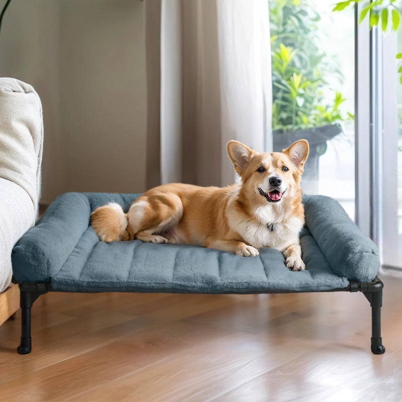 Veehoo Orthopedic Elevated Dog Bed with Fluffy Plush Bolster Cushion, Indoor Raised Dog Beds for Large Dogs, Soft Pet Sofa Cot with Removable Washable Mat, No-Slip Feet, 32 x 25 inches, Haze Blue - Image 1