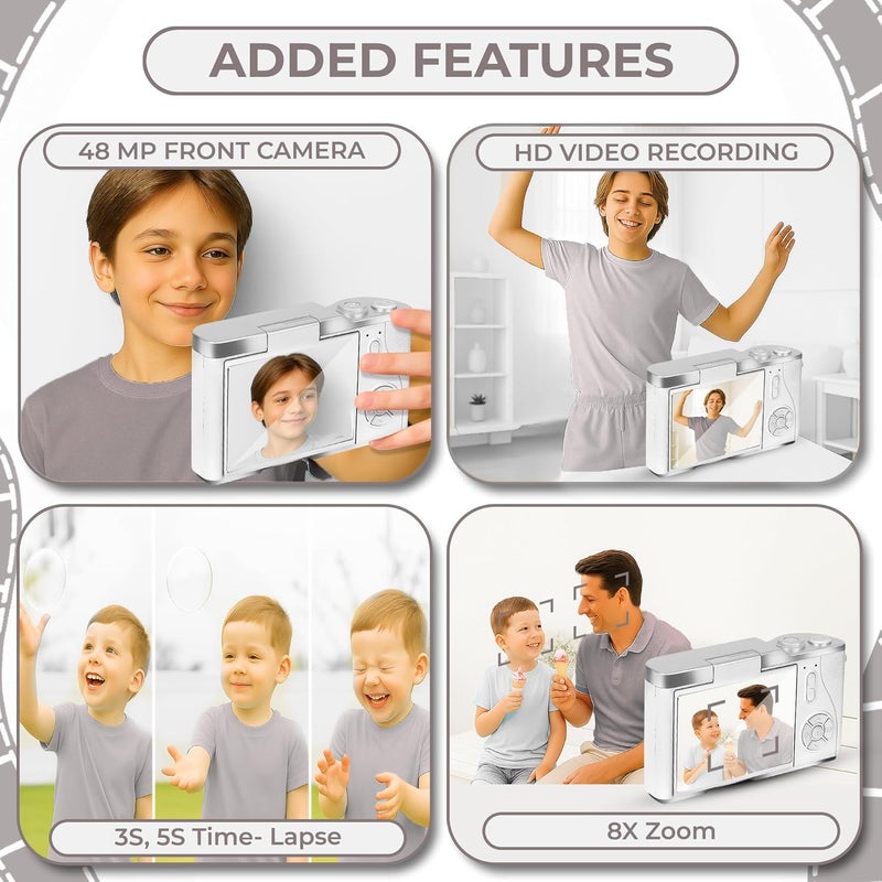 CASON 48MP Digital Camera for Kids-Real Photo & Video Mini Camera for Photography 2.4” Rotating Screen, Built in Games Kids Cameras for 5-15 Years Girls & Boys(Upto 64GB Memory) - Image 2