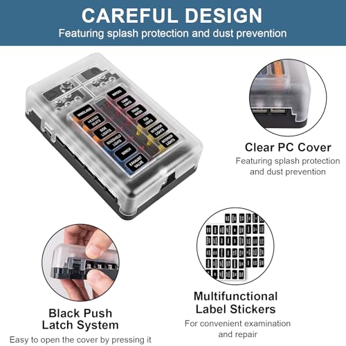BetyBedy 12 Way Fuse Block, 12V Marine Fuse Box with LED Indicator, Automotive 12-Circuit Blade Fuse Block with Waterproof Cover for RV Motorcycle Boat Vehicle, 24PCS Fuses ＆ Tip Stickers Included - Image 4