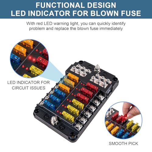 BetyBedy 12 Way Fuse Block, 12V Marine Fuse Box with LED Indicator, Automotive 12-Circuit Blade Fuse Block with Waterproof Cover for RV Motorcycle Boat Vehicle, 24PCS Fuses ＆ Tip Stickers Included - Image 5