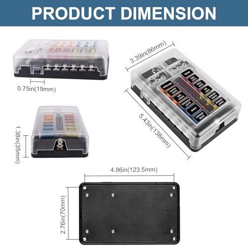 BetyBedy 12 Way Fuse Block, 12V Marine Fuse Box with LED Indicator, Automotive 12-Circuit Blade Fuse Block with Waterproof Cover for RV Motorcycle Boat Vehicle, 24PCS Fuses ＆ Tip Stickers Included - Image 2