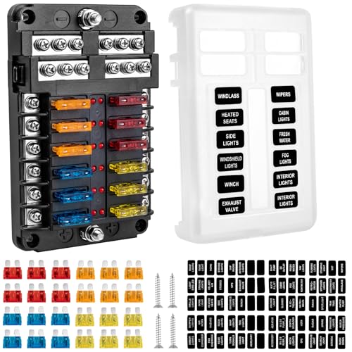BetyBedy 12 Way Fuse Block, 12V Marine Fuse Box with LED Indicator, Automotive 12-Circuit Blade Fuse Block with Waterproof Cover for RV Motorcycle Boat Vehicle, 24PCS Fuses ＆ Tip Stickers Included - Image 1