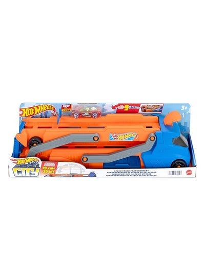 Hot Wheels سيارة لعبة، وشاحنة، وحامل ومسار مع سيارة لعبة مقياس 1:64، وشاحنة كبيرة تتحول إلى مسار بطول 2.5+-قدم مع قاذفة، تخزن حتى 9 سيارات مقياس 1:64، تتصل بمجموعة أخرى - Image 2