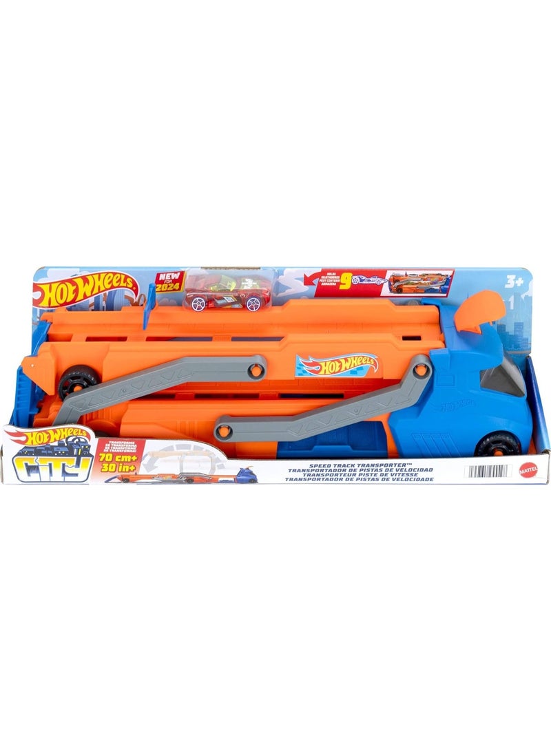 Hot Wheels سيارة لعبة، وشاحنة، وحامل ومسار مع سيارة لعبة مقياس 1:64، وشاحنة كبيرة تتحول إلى مسار بطول 2.5+-قدم مع قاذفة، تخزن حتى 9 سيارات مقياس 1:64، تتصل بمجموعة أخرى - Image 1