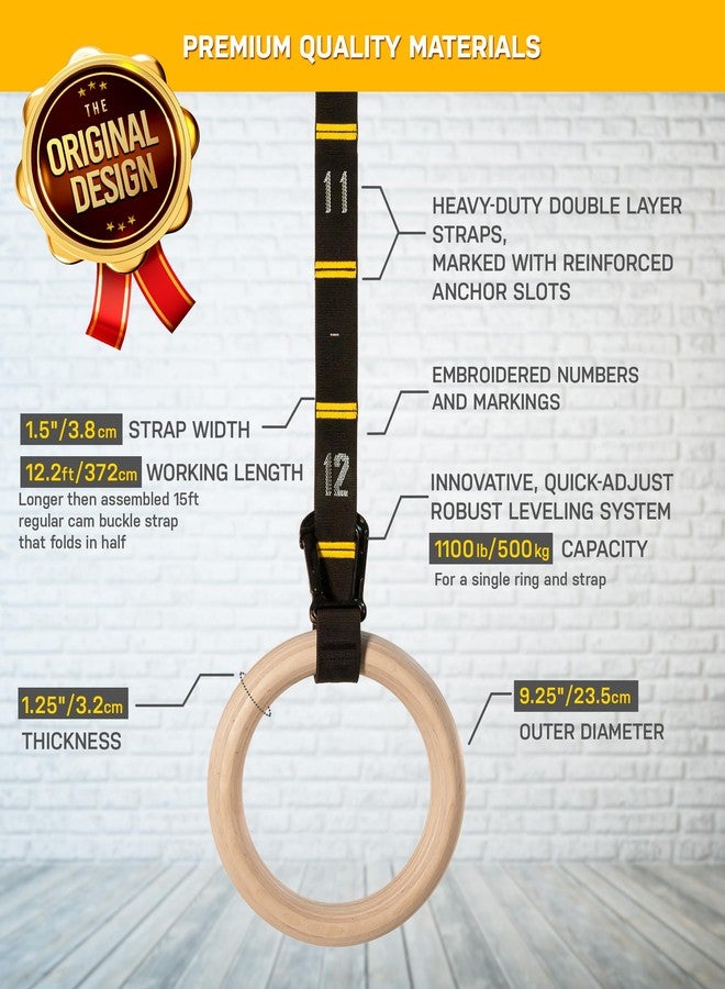 Double Circle Wood Gymnastic Rings with Quick Adjust Numbered Straps and Exercise Videos Guide - Full Body Workout - Calisthenics - Home Gym (Rings & Straps - Extra Long) - Image 4