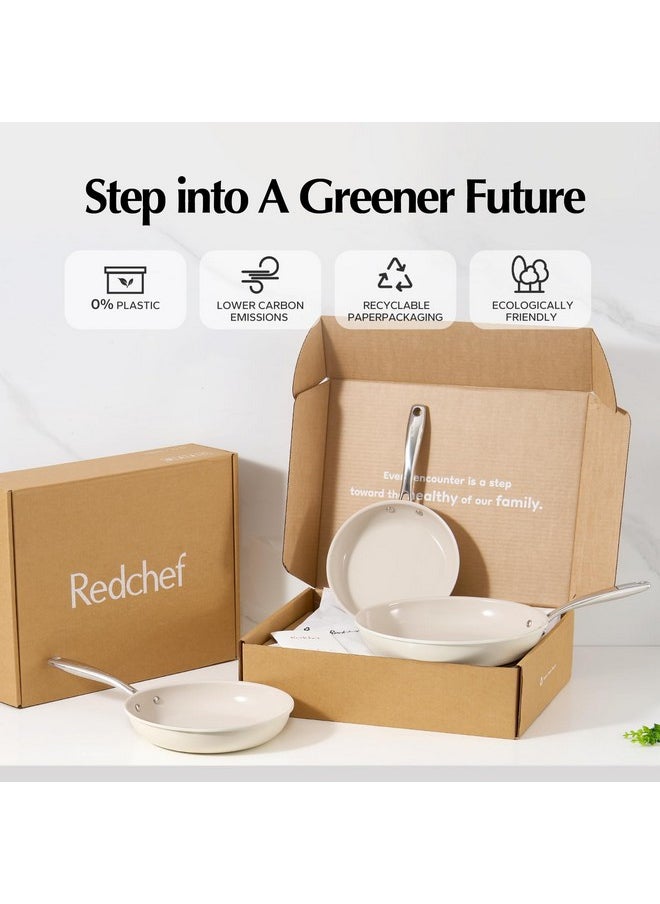 Redchef طقم مقالي ريد شيف غير لاصقة، مقلاة سيراميك، مقالي غير سامة للطهي، 8 بوصات، 9.5 بوصات، 11 بوصة، خالية من PFAS وPTFE وPFOA، بمقبض بارد، آمنة للاستخدام في غسالة الأطباق والفرن، لون بيج وأبيض  - Image 4
