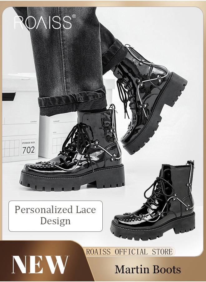 roaiss - Rock Shoes Metal Lace Up Block Thick Sole Creepers Patent Leather Ankle Square Toe Boots Men Punk Combat Platform - Image 1