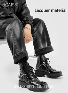 roaiss Rock Shoes Metal Lace Up Block Thick Sole Creepers Patent Leather Ankle Square Toe Boots Men Punk Combat Platform  - Image 2
