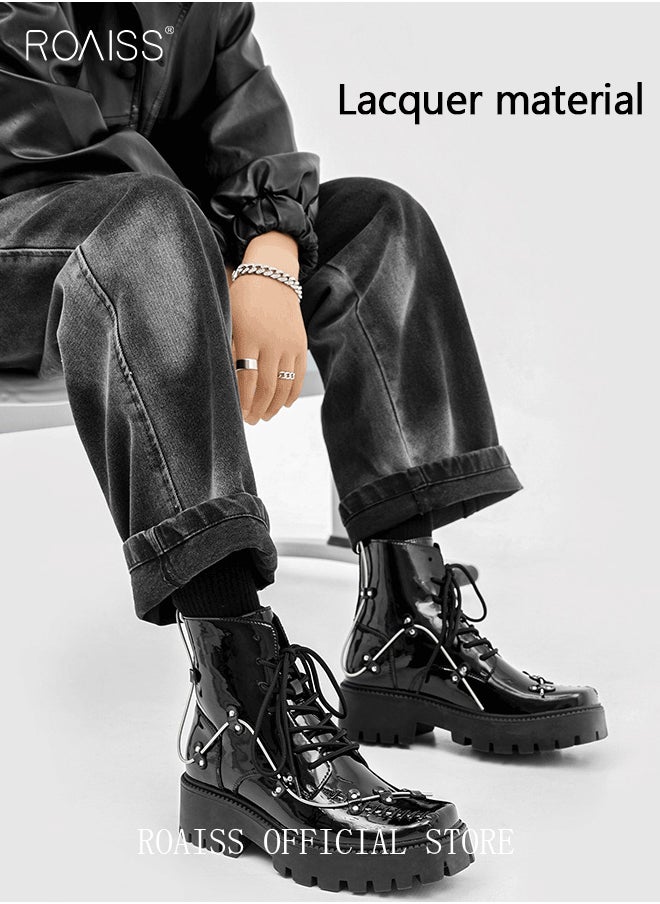 roaiss - Rock Shoes Metal Lace Up Block Thick Sole Creepers Patent Leather Ankle Square Toe Boots Men Punk Combat Platform - Image 1