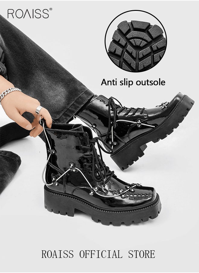 roaiss - Rock Shoes Metal Lace Up Block Thick Sole Creepers Patent Leather Ankle Square Toe Boots Men Punk Combat Platform - Image 1