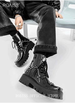 roaiss Rock Shoes Metal Lace Up Block Thick Sole Creepers Patent Leather Ankle Square Toe Boots Men Punk Combat Platform  - Image 4