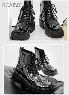 roaiss Rock Shoes Metal Lace Up Block Thick Sole Creepers Patent Leather Ankle Square Toe Boots Men Punk Combat Platform  - Image 5