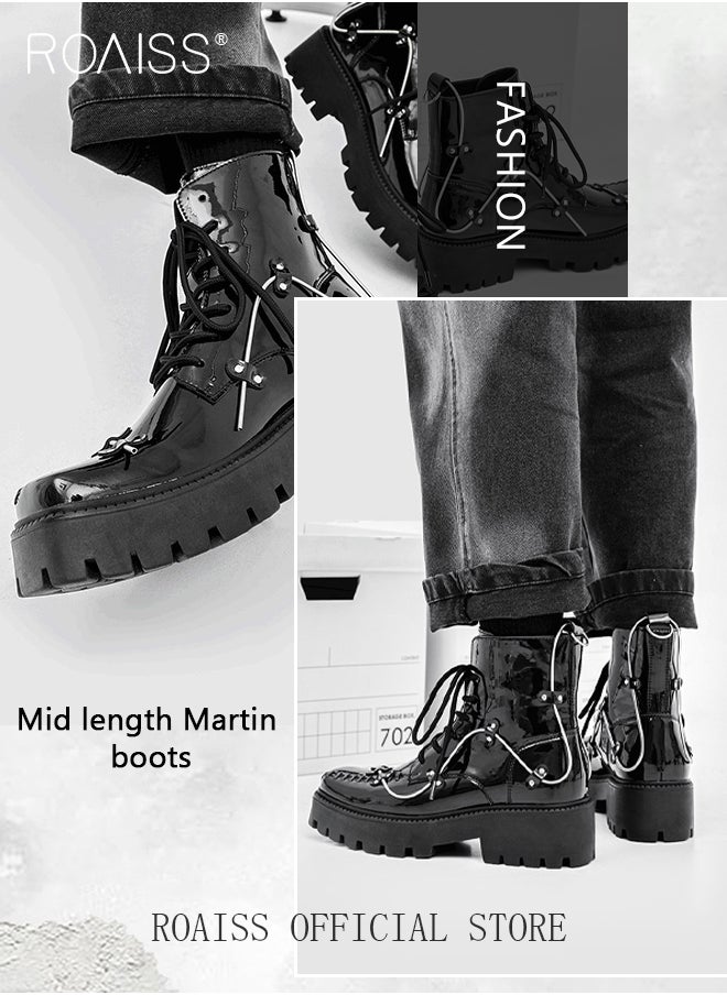 roaiss - Rock Shoes Metal Lace Up Block Thick Sole Creepers Patent Leather Ankle Square Toe Boots Men Punk Combat Platform - Image 1