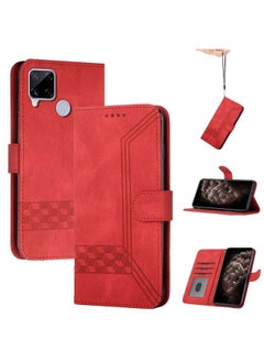 HuHa Case Cover For Realme C12 / C15 Cubic Skin Feel Flip Leather Phone Case Red 