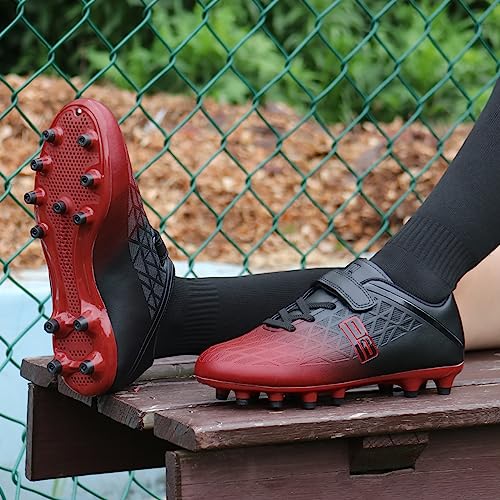 brooman Kids Firm Ground Soccer Cleats Boys Girls Athletic Outdoor Football Shoes (13,Black Red) - Image 2