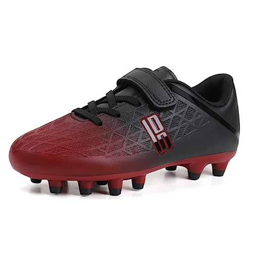 brooman Kids Firm Ground Soccer Cleats Boys Girls Athletic Outdoor Football Shoes (13,Black Red) - Image 1