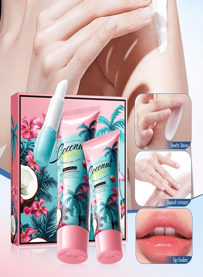 Grospe Coconut Gifts Set for Women, Premium 3 Piece Gift Set with Lip Balm,Hand Cream & Body Lotion, Moisturize Gift Box for Women Relaxing Care for Her, Anniversary or Birthday Present 4.7 Fl.Oz - Image 3