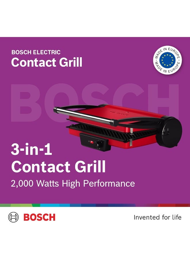 بوش Bosch Contact Grill, 2000 Watts, 3-in-1 Electric Grill, Adjustable Heat Grill, Easy Cleaning, Made in Europe, TCG4104GB 2000 W TCG4104GB red - Image 2