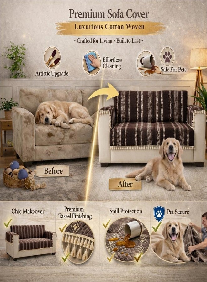 STITCHNEST غطاء أريكة مطبوع من قماش الشنيل من ستيتشنست، مناسب لثلاثة مقاعد مع غطاءين لمساند اليد - غطاء أريكة بني قابل للغسل مزين بشرابات - قماش فاخر متين - واقي أنيق للأريكة لغرفة المعيشة وديكور الأثاث - Image 4