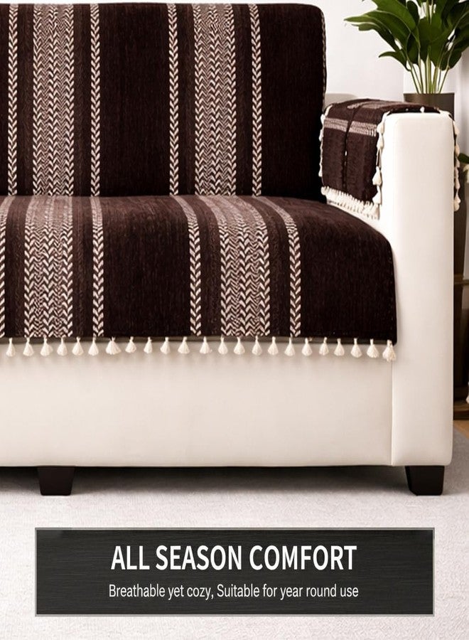 STITCHNEST غطاء أريكة مطبوع من قماش الشنيل من ستيتشنست، مناسب لثلاثة مقاعد مع غطاءين لمساند اليد - غطاء أريكة بني قابل للغسل مزين بشرابات - قماش فاخر متين - واقي أنيق للأريكة لغرفة المعيشة وديكور الأثاث - Image 5