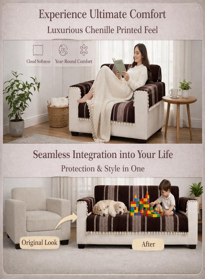 STITCHNEST غطاء أريكة مطبوع من قماش الشنيل من ستيتشنست، مناسب لثلاثة مقاعد مع غطاءين لمساند اليد - غطاء أريكة بني قابل للغسل مزين بشرابات - قماش فاخر متين - واقي أنيق للأريكة لغرفة المعيشة وديكور الأثاث - Image 3