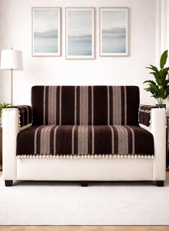STITCHNEST غطاء أريكة مطبوع من قماش الشنيل من ستيتشنست، مناسب لثلاثة مقاعد مع غطاءين لمساند اليد - غطاء أريكة بني قابل للغسل مزين بشرابات - قماش فاخر متين - واقي أنيق للأريكة لغرفة المعيشة وديكور الأثاث - Image 1