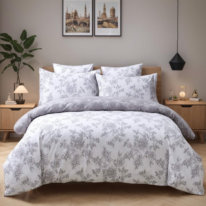 FADFAY Reversible Duvet Cover Set Twin XL Vintage Floral 100 Cotton Ultra Soft Grey and White Bedding with Hidden Zipper Closure 3 Pieces Twin Extra Long Size for Dorm Room