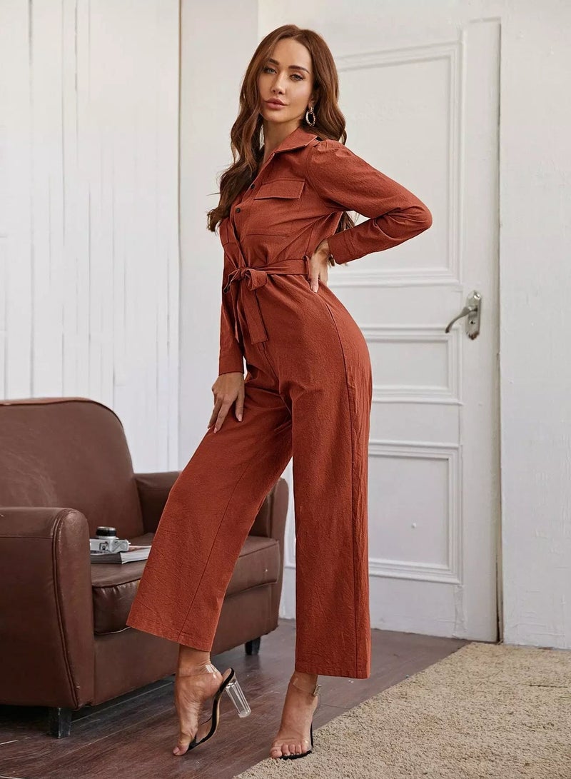 Belted Wide Leg Shirt Jumpsuit  - Image 4